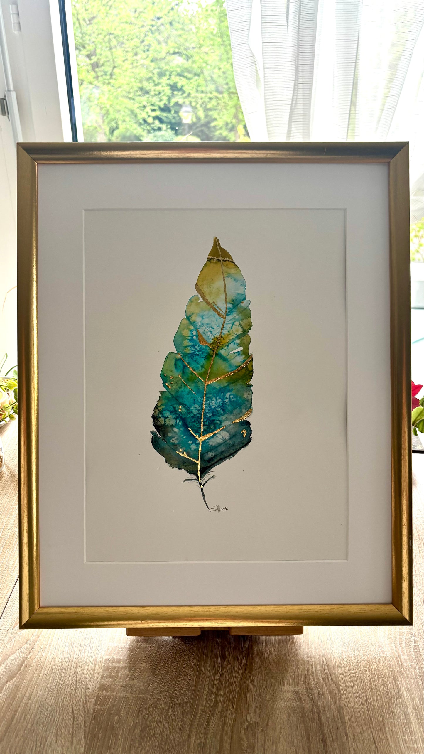 PLUME AQUARELLE KINTSUGI BLEU ENCADRE OR