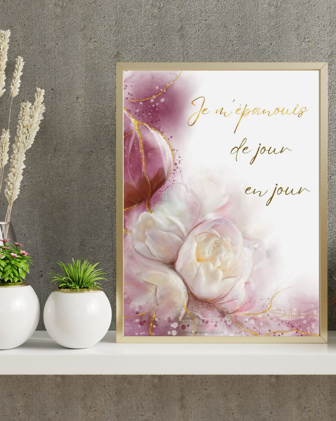 Art Kintsugi et pivoines: Je m'épanouis de jour en jour cadre moyen