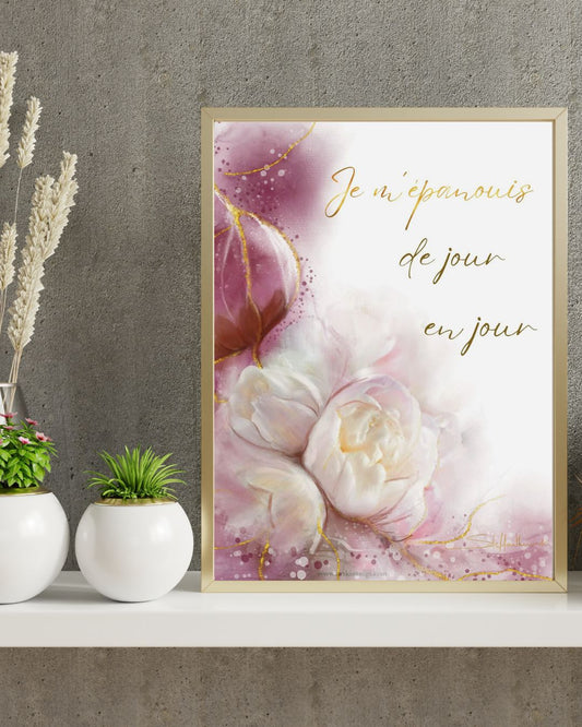 Art Kintsugi et pivoines: Je m'épanouis de jour en jour cadre moyen