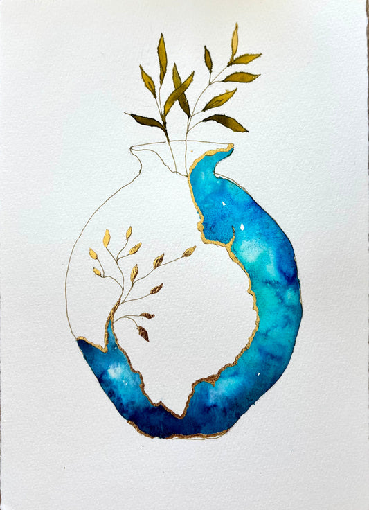 abstrait kintsugi bleu et or