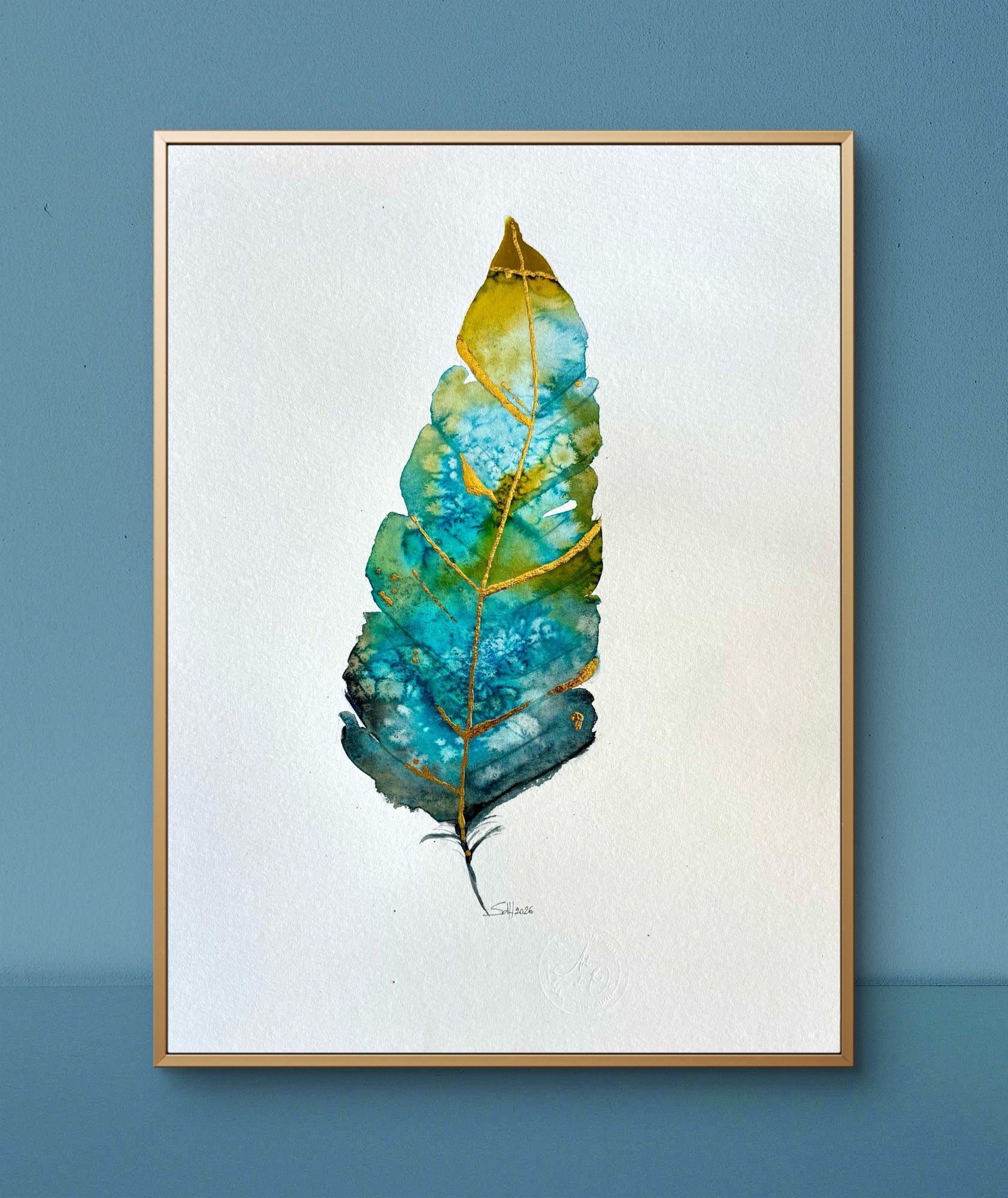 PLUME AQUARELLE KINTSUGI ENCADRE BLEU