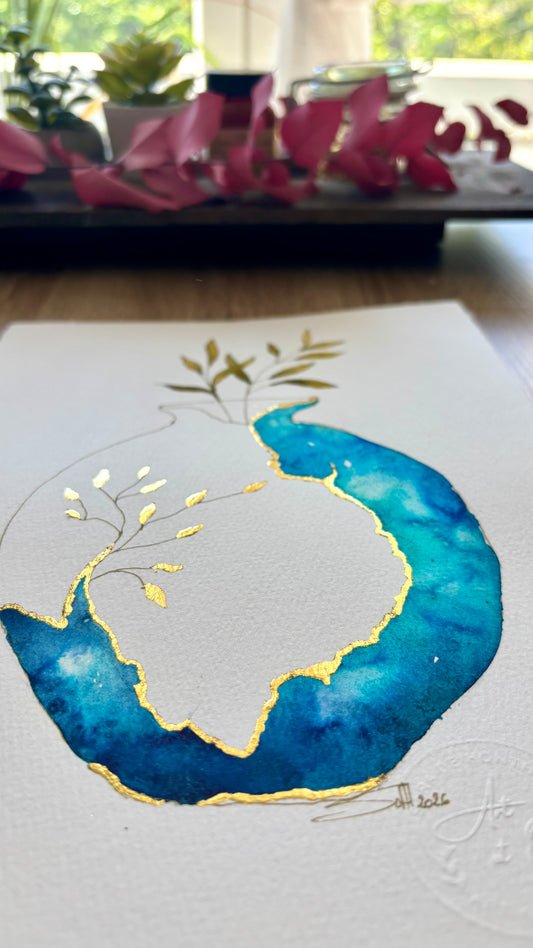 abstrait kintsugi vase bleu or